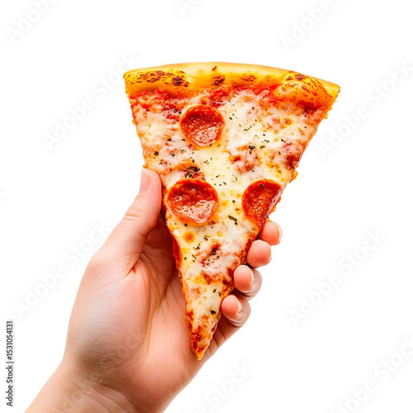 Obraz A hand holds a triangular slice of cheesy pizza, topped with pepperoni. The image is set against a plain background.