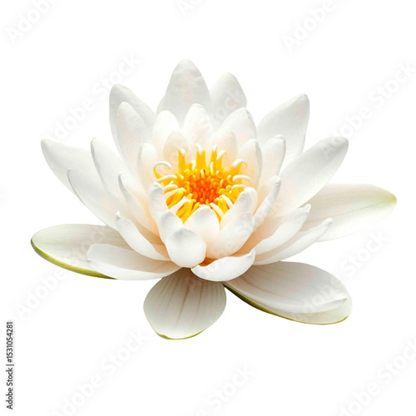 Obraz A beautiful, pristine white water lily with a bright yellow center, its delicate petals gracefully unfurling against a dark backdrop. Serene beauty.