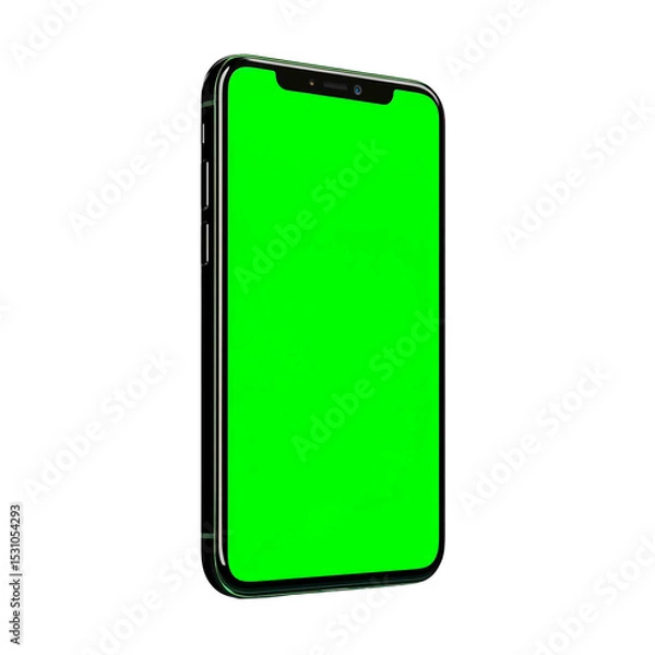 Obraz A sleek smartphone with a vibrant green screen stands out against a dark background, perfect for showcasing apps and user interfaces.