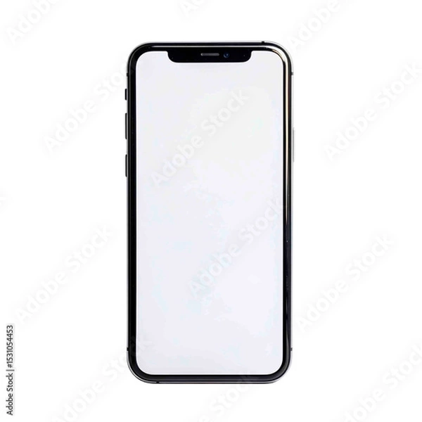 Obraz Sleek smartphone with a white screen. Modern design and potential for various applications. Black background for contrast.
