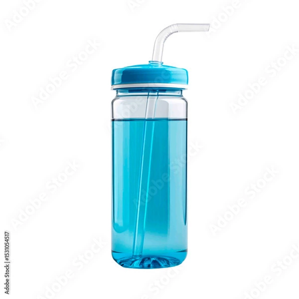 Obraz Clear plastic bottle with light blue liquid and white straw against a black background; perfect for hydration and staying refreshed.