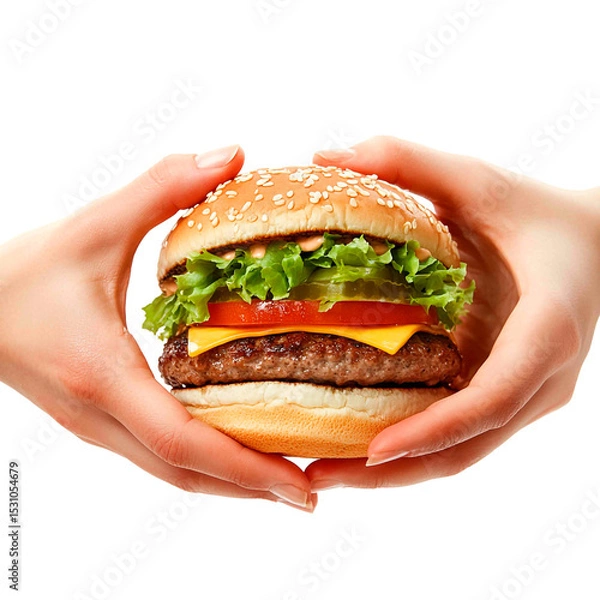 Obraz Close-up of a juicy burger held by two hands, featuring fresh lettuce, tomato, cheese, and a sesame seed bun. A delightful culinary experience.