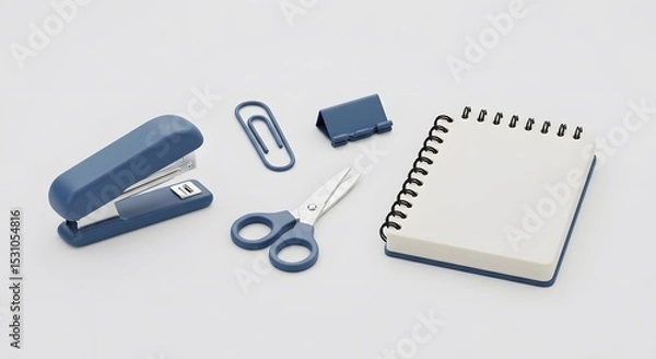 Obraz Stylish Blue Office Supplies Stapler, Scissors, Notebook, and Paperclips