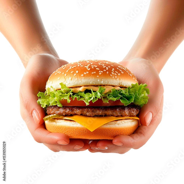 Obraz A poised pair of hands gently present a freshly crafted burger, its vibrant layers promising a symphony of flavors and textures.