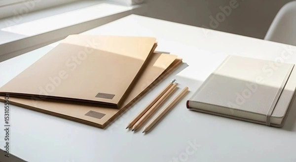 Fototapeta Kraft folders, wooden pencils, and linen notebook neatly arranged on white surface with soft shadows