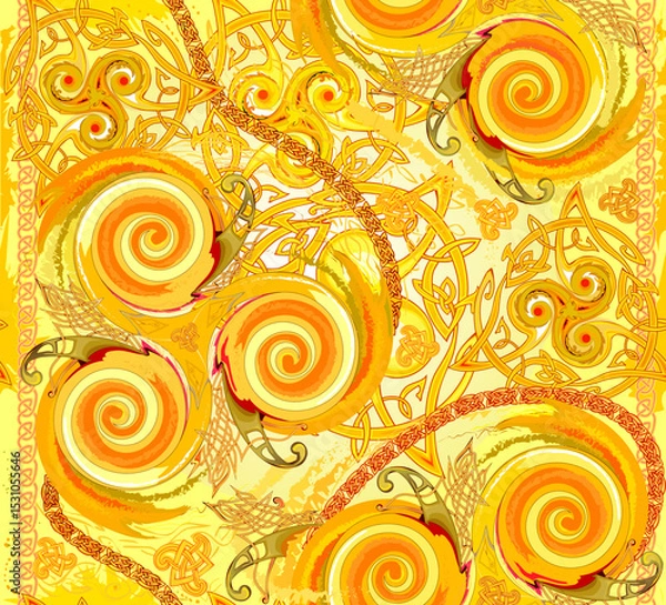 Fototapeta Fantasy drawing with ancient Celtic motifs, Celtic knot and golden triple spiral symbols Seamless pattern ornament. Background for design, fabric, mural wallpaper. Hand drawn vector illustration.