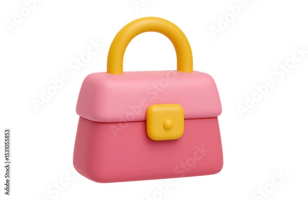 Fototapeta minimal pink handbag with yellow handle and button, cute girly shopping icon in 3d, png, transparency