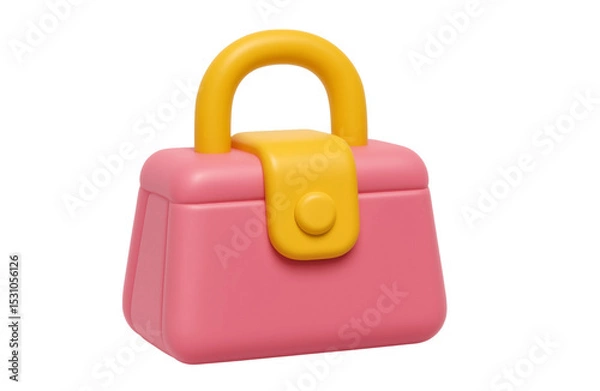 Fototapeta minimal pink handbag with yellow handle and button, cute girly shopping icon in 3d, png, transparency