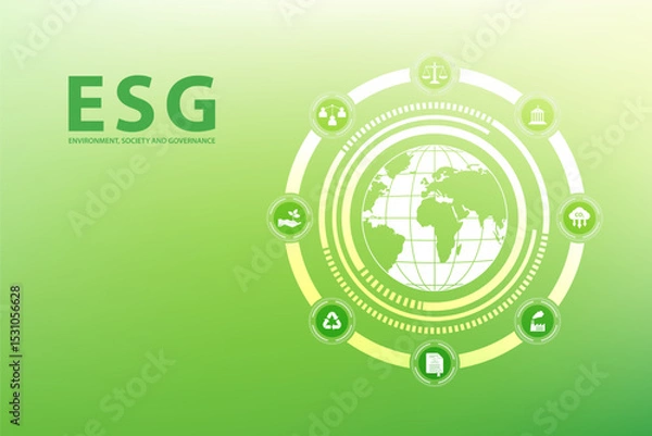 Fototapeta ESG environment society governance concept with globe, icons, green background, sustainability