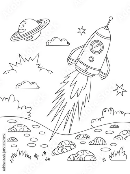 Obraz Black and White Line Art Rocket Launching Coloring Page Space Scene Kids Activity Book Illustration spaceship