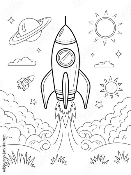 Obraz Black and White Line Art Rocket Launching into Space with Planets Stars and Clouds Kids Coloring Page