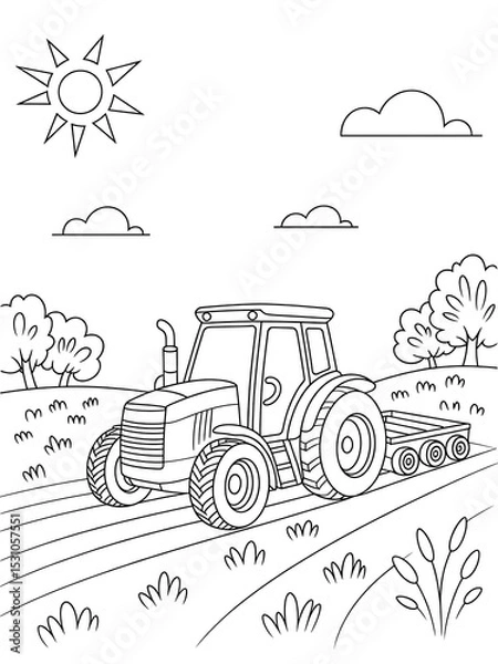 Obraz Black and White Line Art Tractor Coloring Page Farm Scene Sun Clouds Kids Activity field agriculture