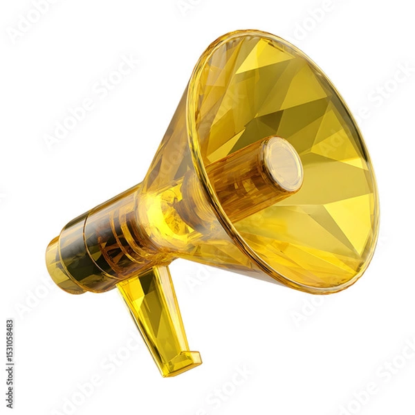 Fototapeta A golden faceted crystal like megaphone icon symbolizing the power of communication and marketing in a modern minimalist design