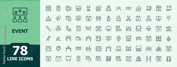 Fototapeta Event Planning icon set in linear style. Minimal linear icons. Editable vector art. Decoration icon collection. Contain linear symbols celebration, planning, decoration, meeting, conference and more.