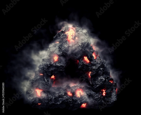 Fototapeta Dark rocky triangle with smoke and lava. The grungy stone shape on black background, 3d render