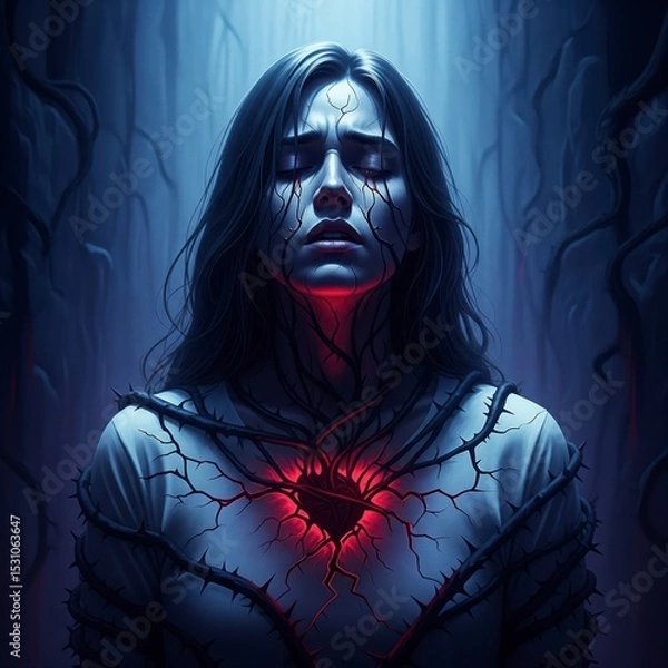 Fototapeta A portrait of a woman in despair with cracked skin and a glowing, fractured red heart visible in her chest, symbolizing heartbreak
