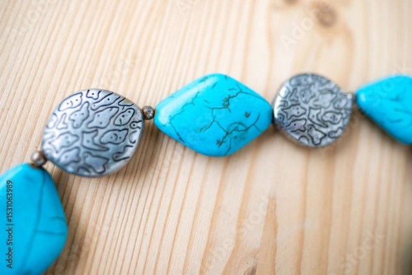 Obraz Artisan-made turquoise, howlite necklace with rustic charm, Fashion accessory, vibrant turquoise and silver necklace, showcasing unique ethnic-inspired design