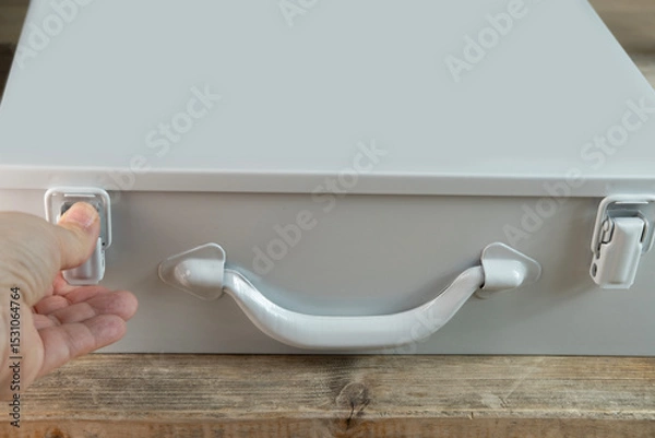 Obraz Gray metal case with transport handle, perfect for storage and organization, Industrial-style metal case with handle, ideal for tools, equipment, or supplies, portable safety