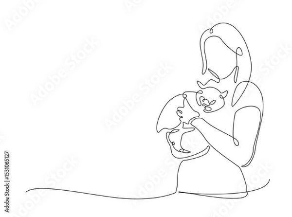 Fototapeta Happy woman hugging cute cat single outline illustration. Continuous line art drawing of woman hugging puppy. Editable stroke.