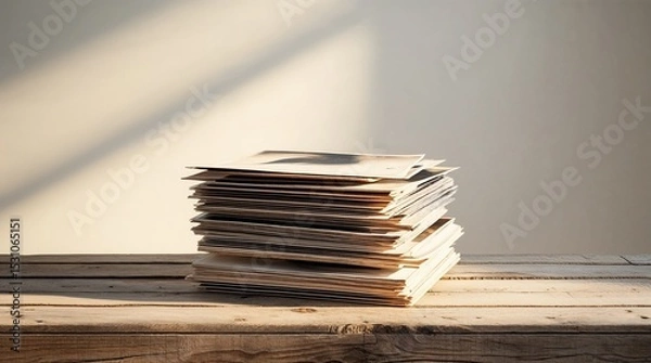 Fototapeta Stack of vintage envelopes on wooden surface in warm light
