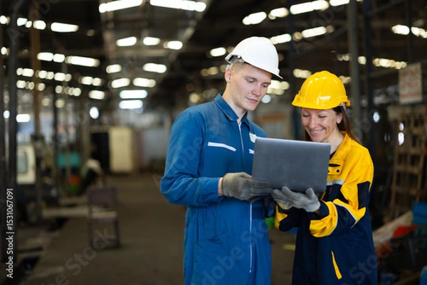 Fototapeta working woman : Caucasian mele and female manufacture technical or factory staff working with holding laptop computer standing at industry factory. Professional Mechanical Engineer