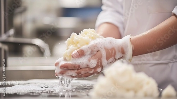 Fototapeta Food handler washing hands with soap before meal preparation