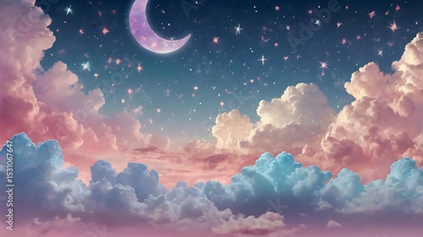 Fototapeta Soft pastel clouds, glowing stars, crescent moon, sparkles, and floating elements like feathers or bubbles in a magical sky. Gentle gradients of pink, lavender, and baby blue. Light, airy composition 