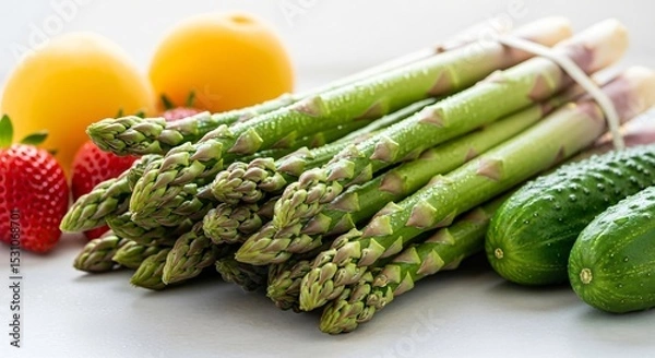Fototapeta Fresh green asparagus stalks standing upright, surrounded by a vibrant assortment of healthy fruits and vegetables, promoting diet concept.