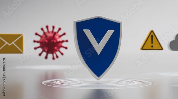 Fototapeta Shield of Security: A digital shield stands as a bulwark against potential threats, accompanied by symbols representing various dangers, with a pristine, minimalist background. 