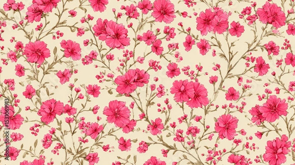 Fototapeta Pink flower pattern with branches and leaves on beige background