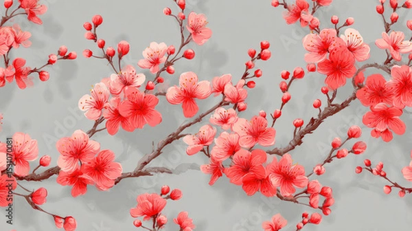 Fototapeta Cherry blossom branch with red flowers and buds on gray background