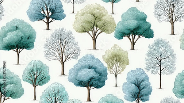 Fototapeta Trees with blue and green leaves pattern on white background