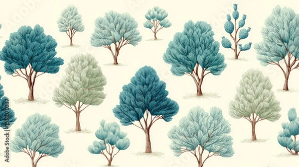Fototapeta Blue and green trees pattern with artistic style and soft colors