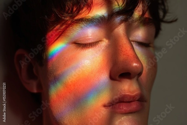 Fototapeta closed eyes, calm expression, pride-colored light around face
