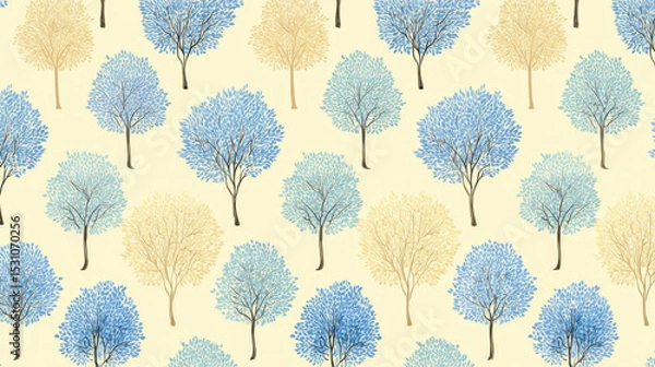 Fototapeta Blue and beige tree pattern with delicate branches light background