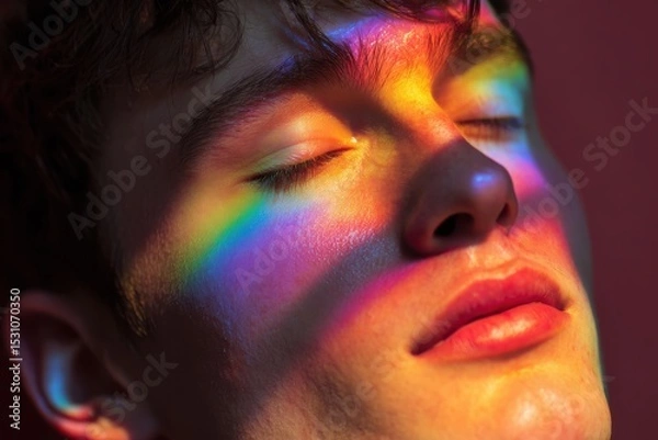 Fototapeta closed eyes, calm expression, pride-colored light around face