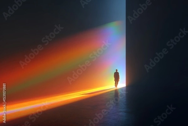 Fototapeta person walking from shadow into rainbow light, symbolic transformation