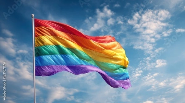 Fototapeta rainbow flag waving under clear blue sky, soft wind motion, white clouds background, realistic clean tone