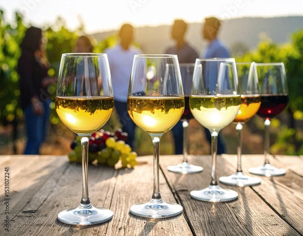 Fototapeta Selective focus on group of filled wine glasses in the foreground on wood rustic table. Blurred background with people talking and drinking wine in a vineyard in nature.