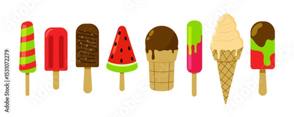 Fototapeta Colorful and delicious variety of ice cream and popsicles displayed on a white background