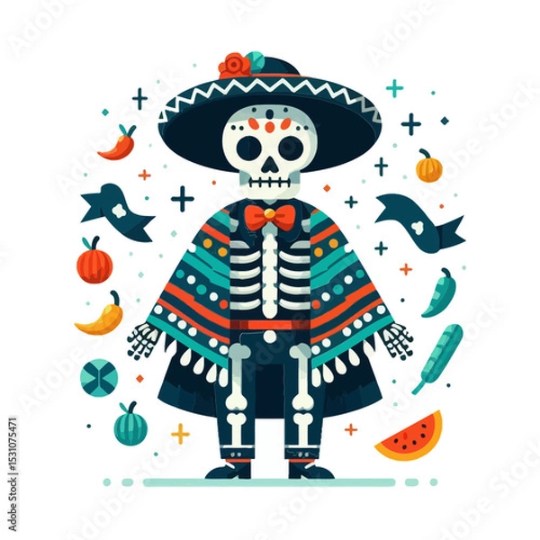 Fototapeta skeleton figure in a sombrero and poncho, surrounded by chili peppers, fruit, and decorative elements. Ideal for websites/blogs about Day of the Dead, Mexican culture, celebrations, or festive art.