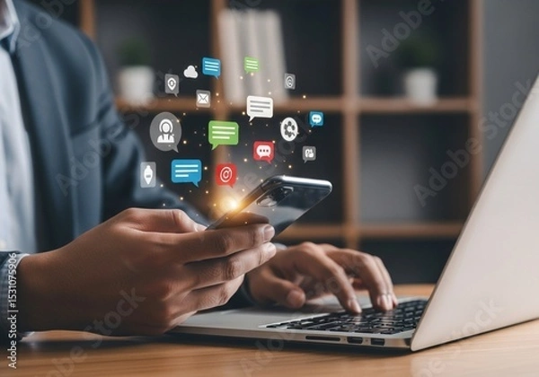 Fototapeta Businessman using smartphone and laptop with social media icons