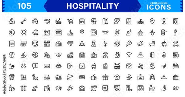 Fototapeta Hospitality Icon Collection with Hotel, Service, Room, Food, and Reception Symbols in Minimalist, Marketable Vector Style for Digital Assets