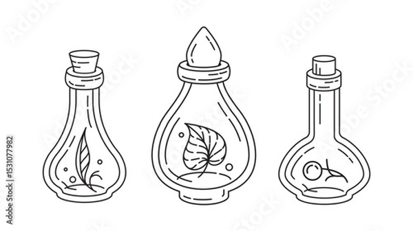 Fototapeta Vector potion bottles with herbs and leaves black linear icons for stickers, planners, and fantasy designs