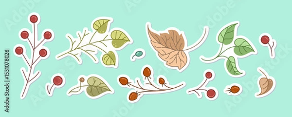 Fototapeta Rustic botanical sticker vector set with leaves and berries cozy fall elements for journaling and planners