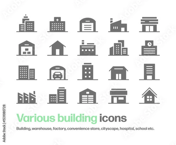 Obraz 色々な建物のアイコン。ビル,倉庫,工場,病院,学校,家等のシルエットアイコン