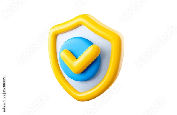 Fototapeta Protection shield icon, checkmark on shield symbol, safety concept. 3d render illustration transparency background