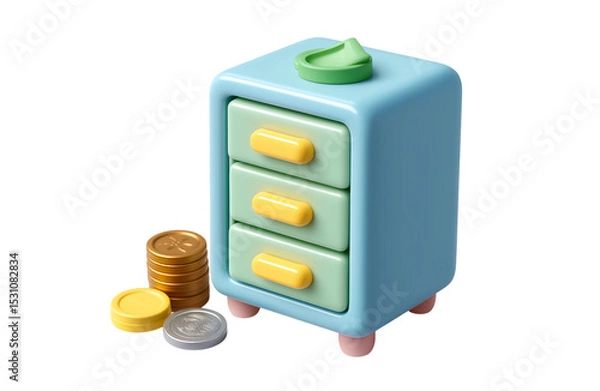 Fototapeta 3D Money Cabinet with Coins and Bills – Finance Storage Icon in PNG