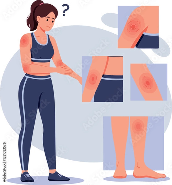 Fototapeta Woman with red rash on skin showing affected arm leg and elbow areas vector illustration 