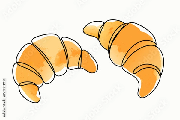 Obraz Croissants one line drawing with watercolor fill, minimalistic vector illustration on white background












